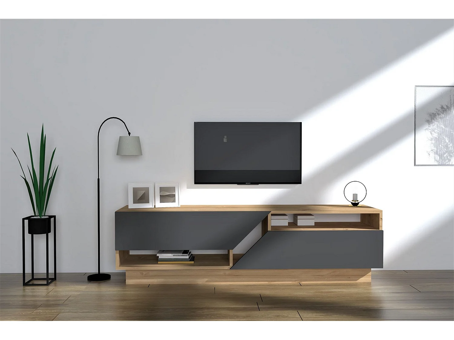 Meuble TV tiroirs trapèze 160cm Magnifikal Chêne clair et Gris