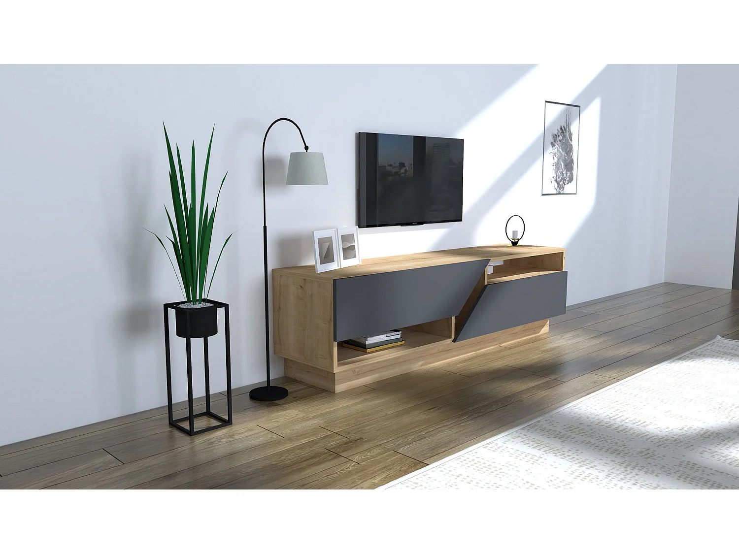 Meuble TV tiroirs trapèze 160cm Magnifikal Chêne clair et Gris