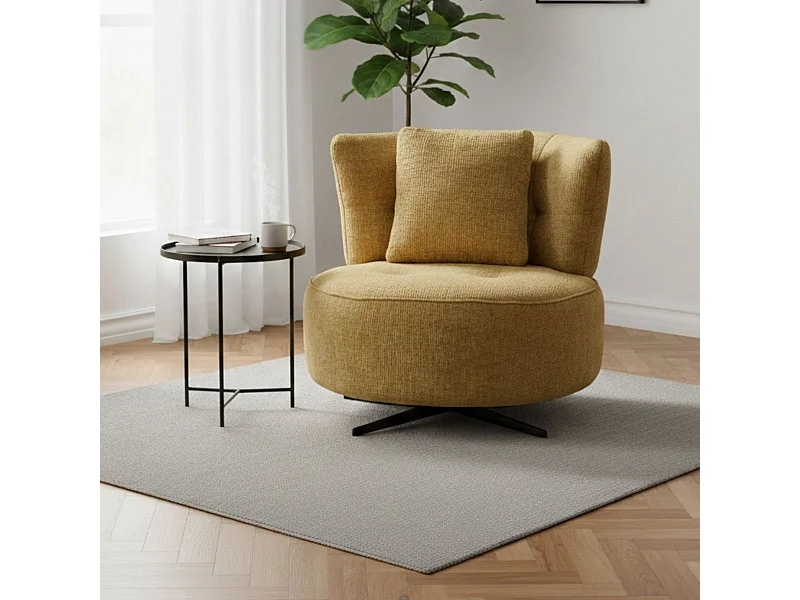 Fauteuil lounge pivotant en tissu chenillé jaune moutarde piètement métal noir avec coussin dorsal - MIRAGE