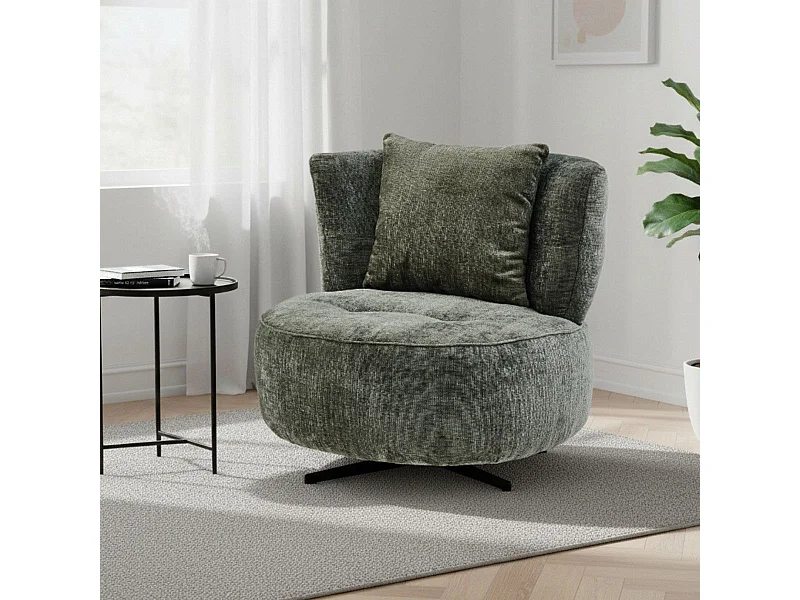 Fauteuil lounge pivotant en tissu chenillé vert piètement métal noir avec coussin dorsal - MIRAGE
