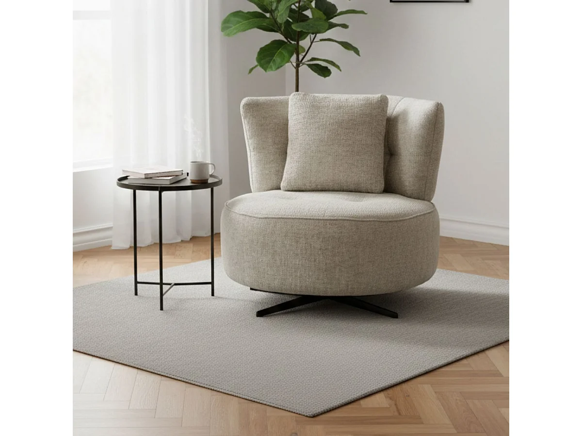 Fauteuil lounge pivotant en tissu chenillé beige piètement métal noir avec coussin dorsal - MIRAGE