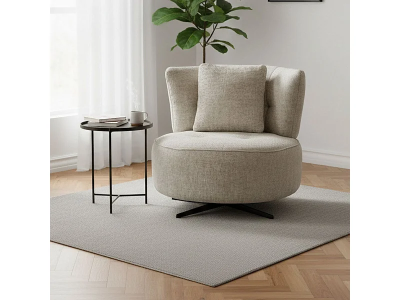 Fauteuil lounge pivotant en tissu chenillé beige piètement métal noir avec coussin dorsal - MIRAGE