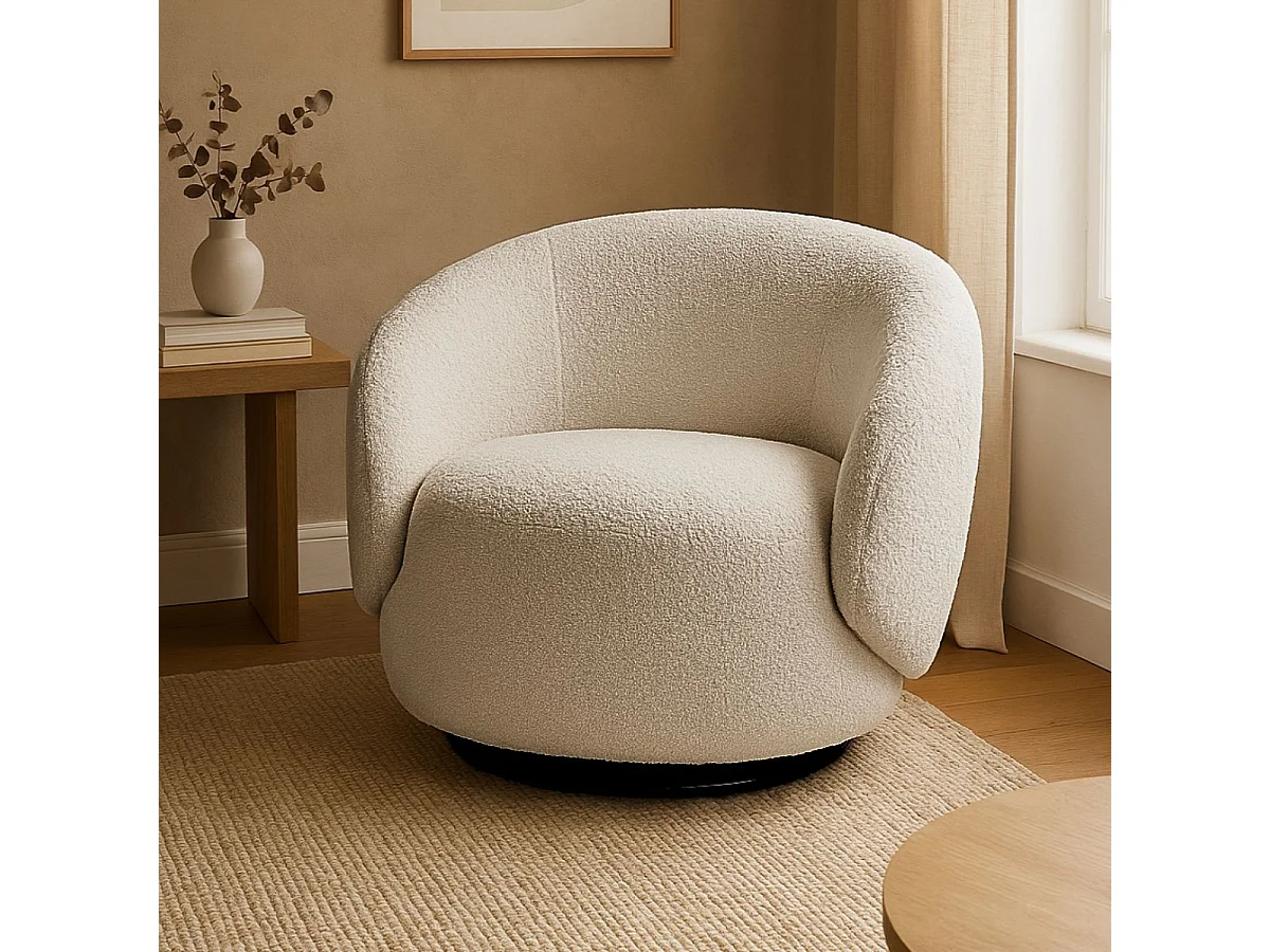 Fauteuil club pivotant en tissu poils courts style sherpa crème - KATMANDOU