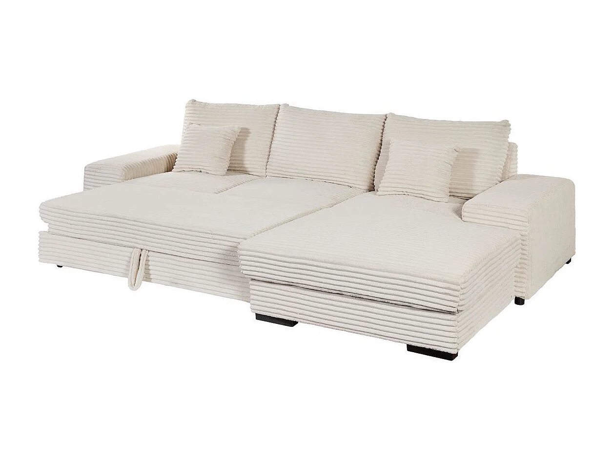 Canapé d'angle droit convertible en tissu velours côtelé crème avec 2 coussins - ELKO