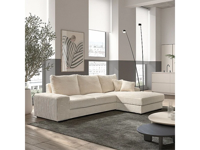 Canapé d'angle droit convertible en tissu velours côtelé crème avec 2 coussins - ELKO