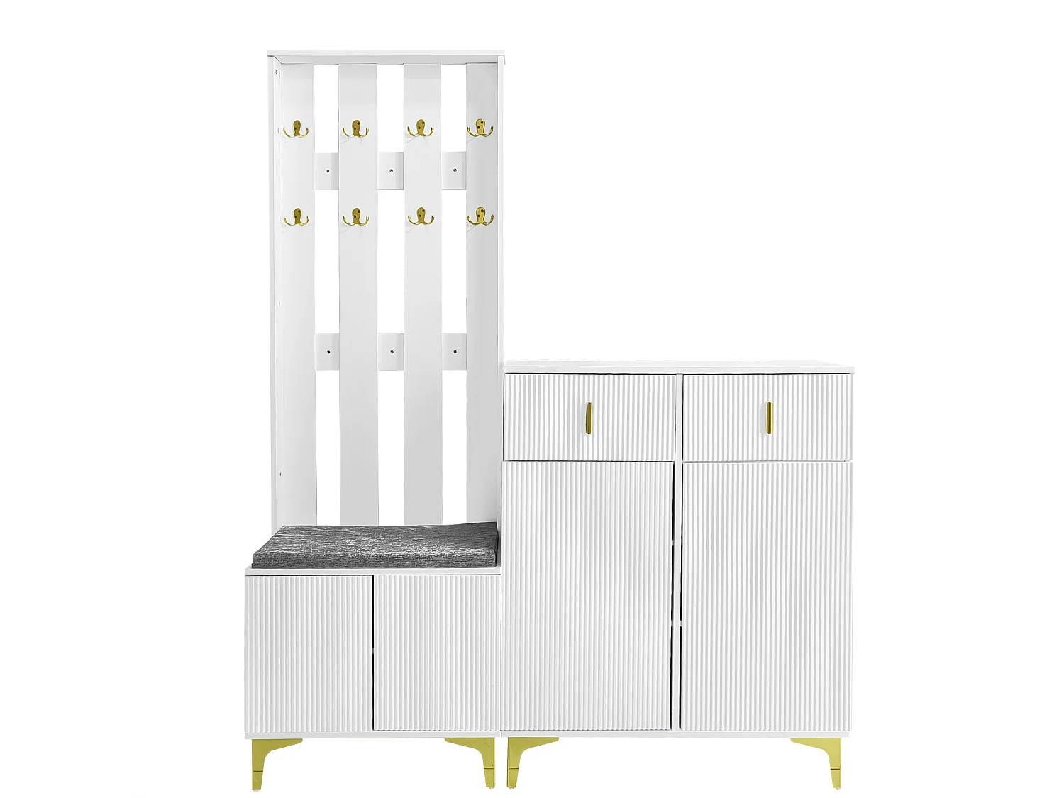 Ensemble meuble à chaussures et vestiaire - 4 portes, 2 tiroirs , banc et crochets - Blanc et doré
