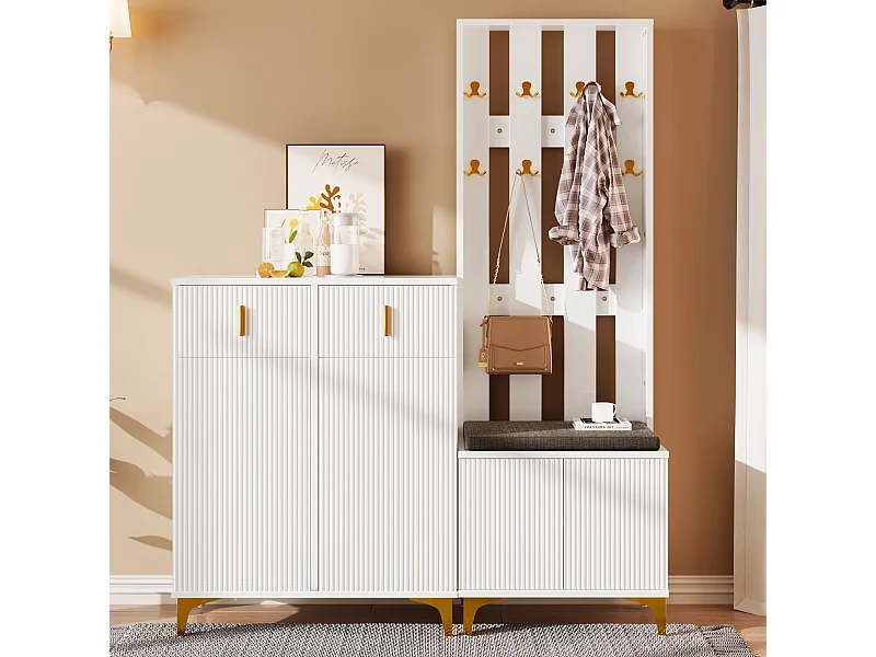 Ensemble meuble à chaussures et vestiaire - 4 portes, 2 tiroirs , banc et crochets - Blanc et doré