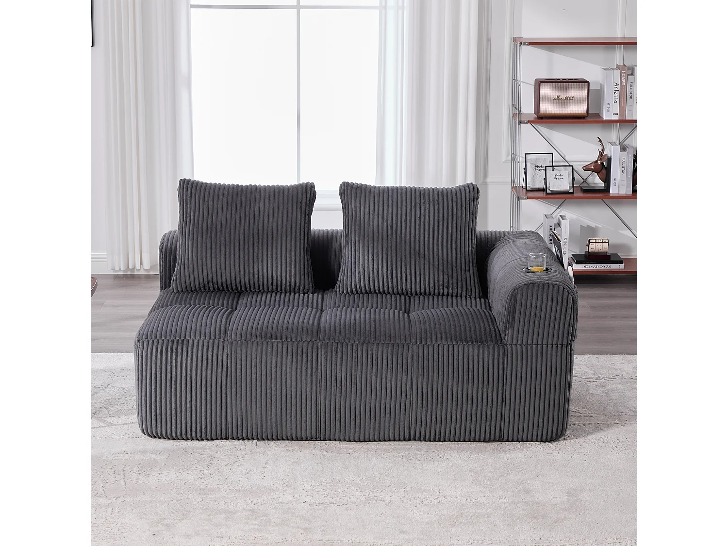 Canapé 2 place avec coussin et poche latérale - Velours côtelé - Gris foncé