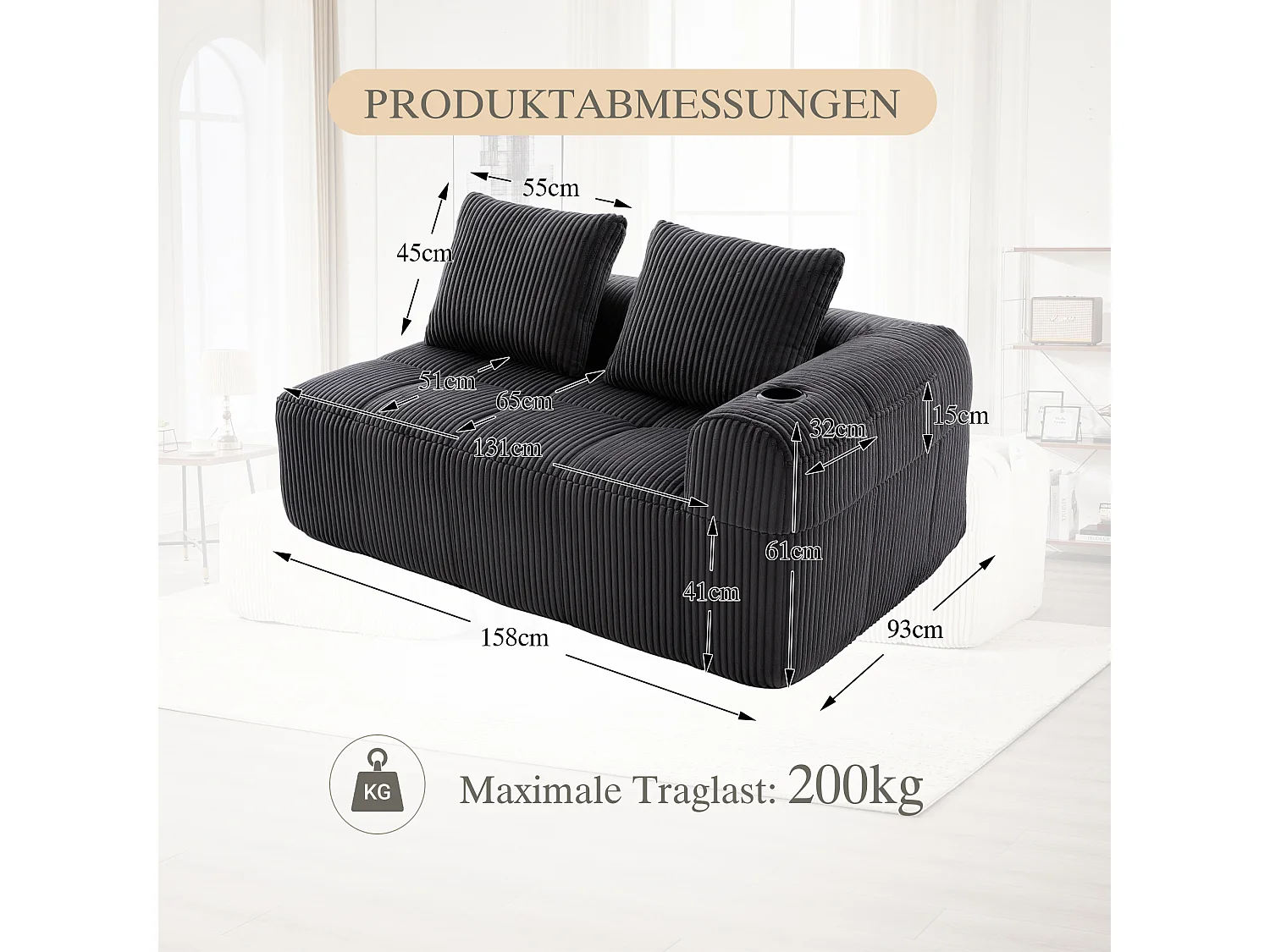 Canapé 2 place avec coussin et poche latérale - Velours côtelé - Gris foncé