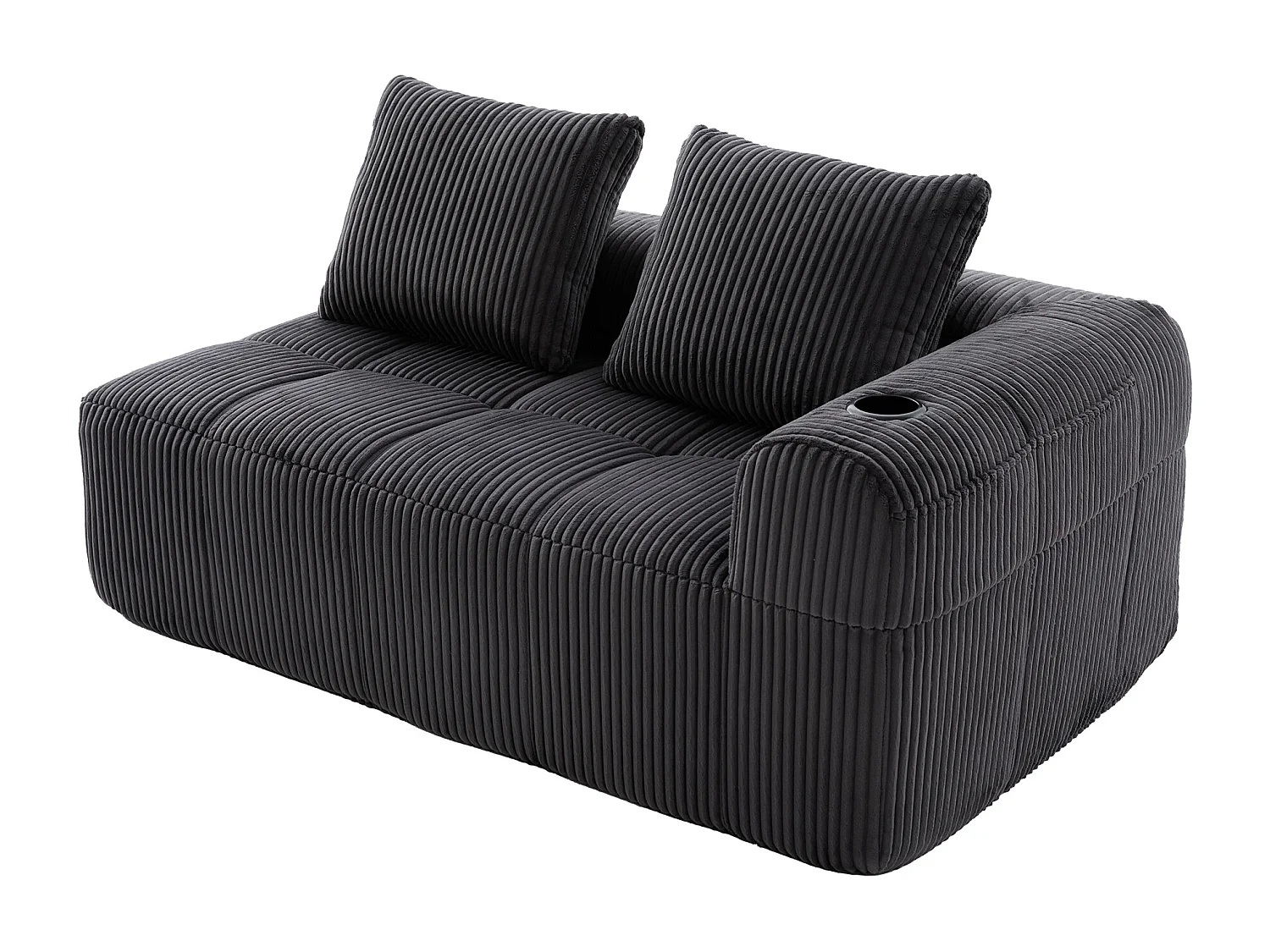 Canapé 2 place avec coussin et poche latérale - Velours côtelé - Gris foncé