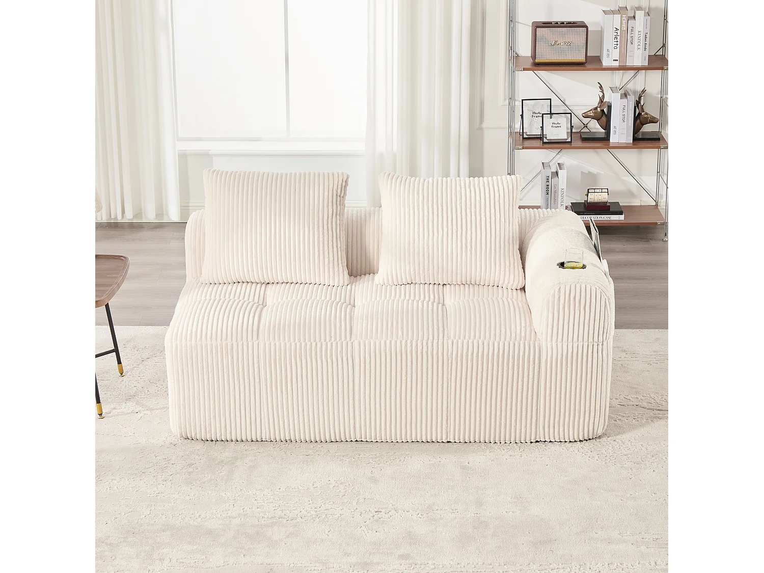 Canapé 2 place avec coussin et poche latérale - Velours côtelé - Beige