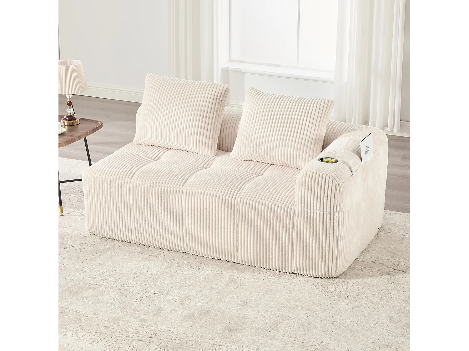 Canapé 2 place avec coussin et poche latérale - Velours côtelé - Beige