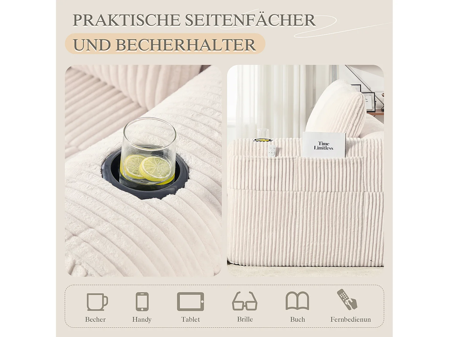 Canapé 2 place avec coussin et poche latérale - Velours côtelé - Beige