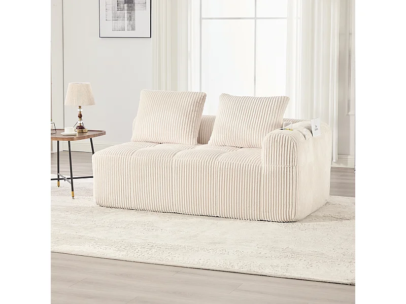 Canapé 2 place avec coussin et poche latérale - Velours côtelé - Beige