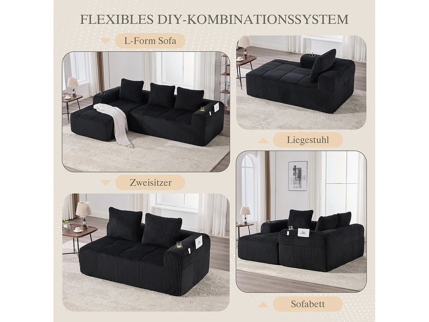 Divano in velluto a coste a 4 posti - 3 cuscini e tasca laterale - Nero