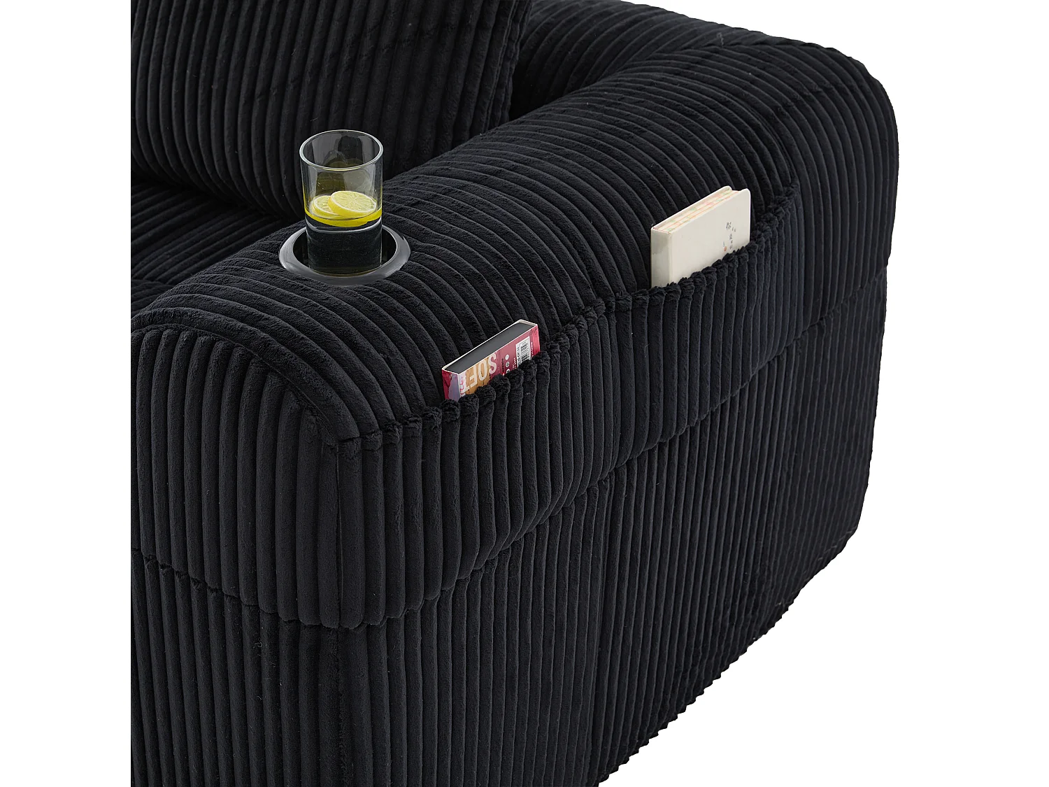 Divano in velluto a coste a 4 posti - 3 cuscini e tasca laterale - Nero