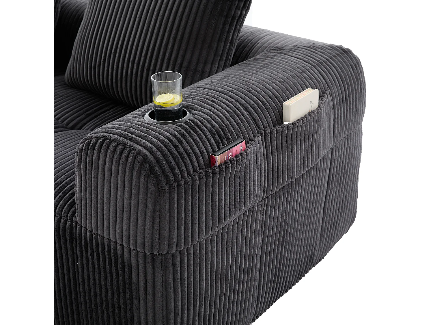 Divano in velluto a coste a 4 posti - 3 cuscini e tasca laterale - Grigio scuro