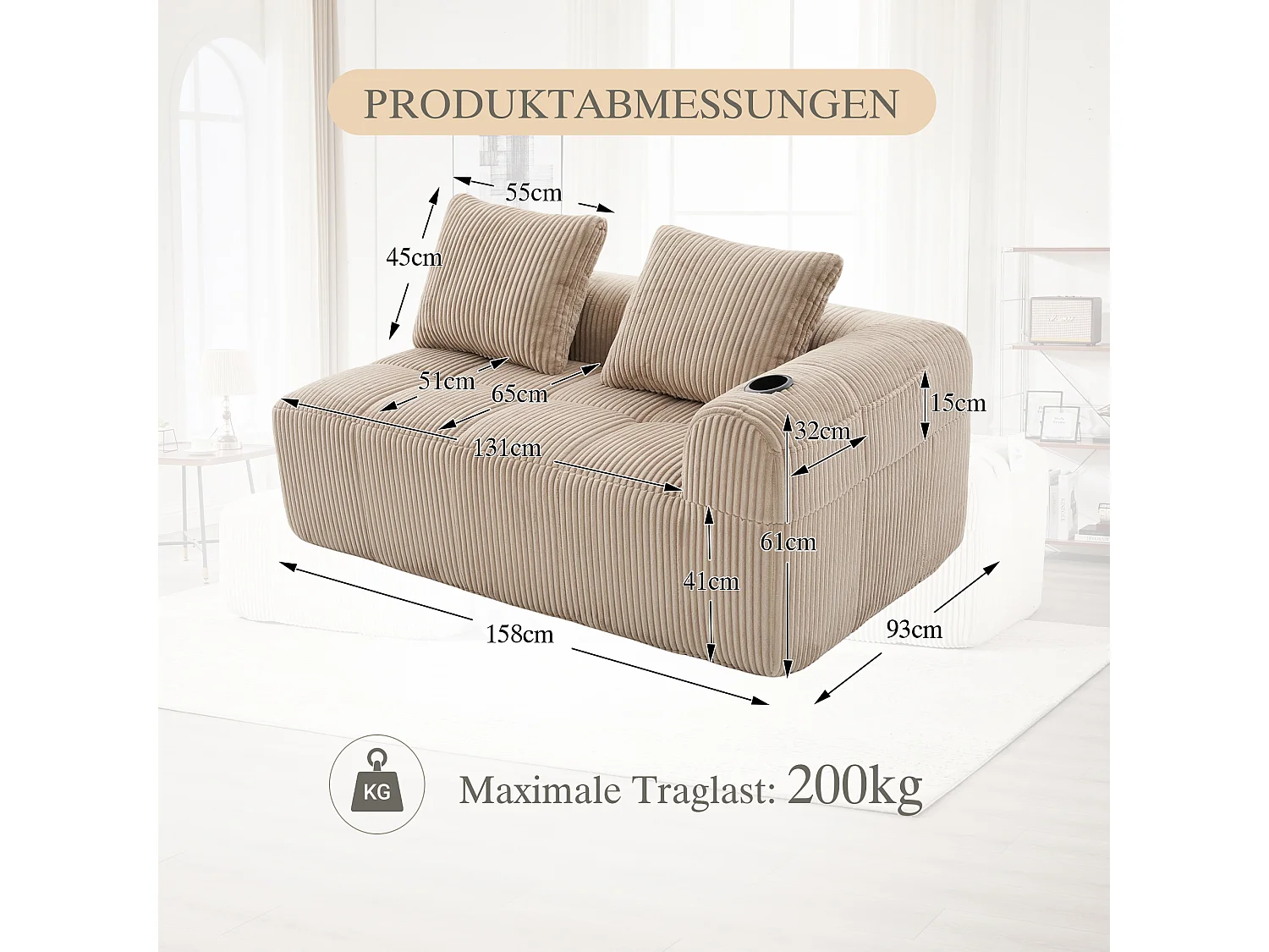 Canapé 2 place avec coussin et poche latérale - Velours côtelé - Couleur kaki