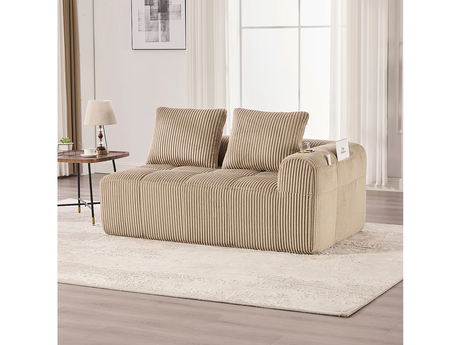 Canapé 2 place avec coussin et poche latérale - Velours côtelé - Couleur kaki