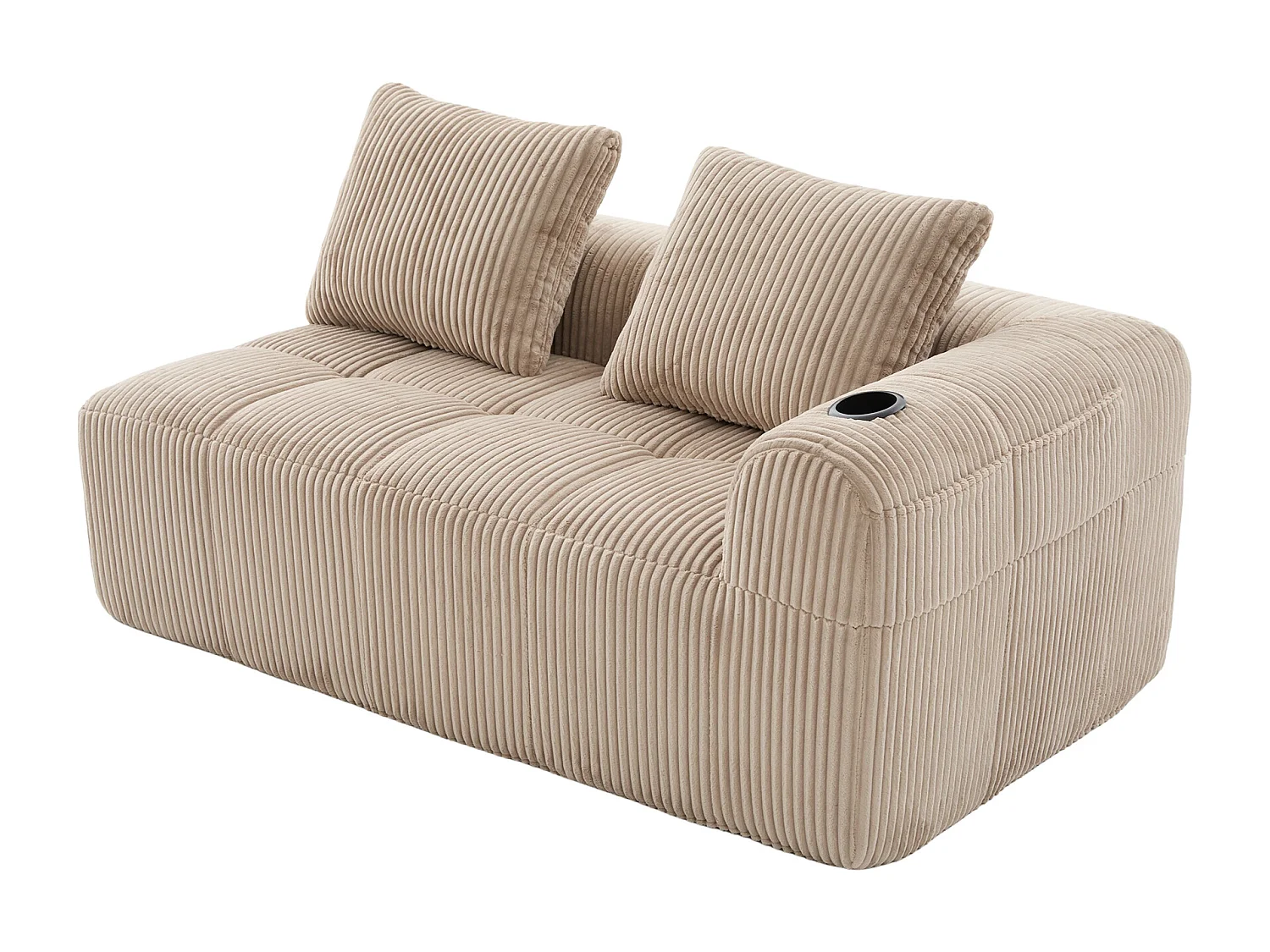 Canapé 2 place avec coussin et poche latérale - Velours côtelé - Couleur kaki