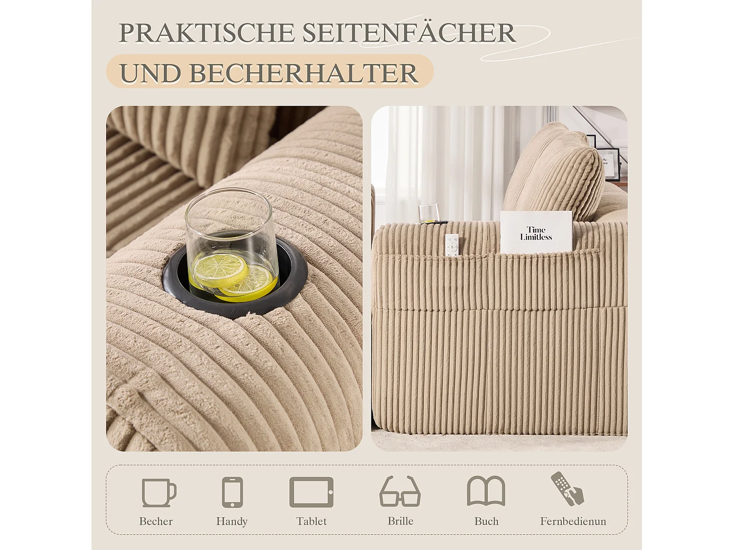 Canapé 2 place avec coussin et poche latérale - Velours côtelé - Couleur kaki