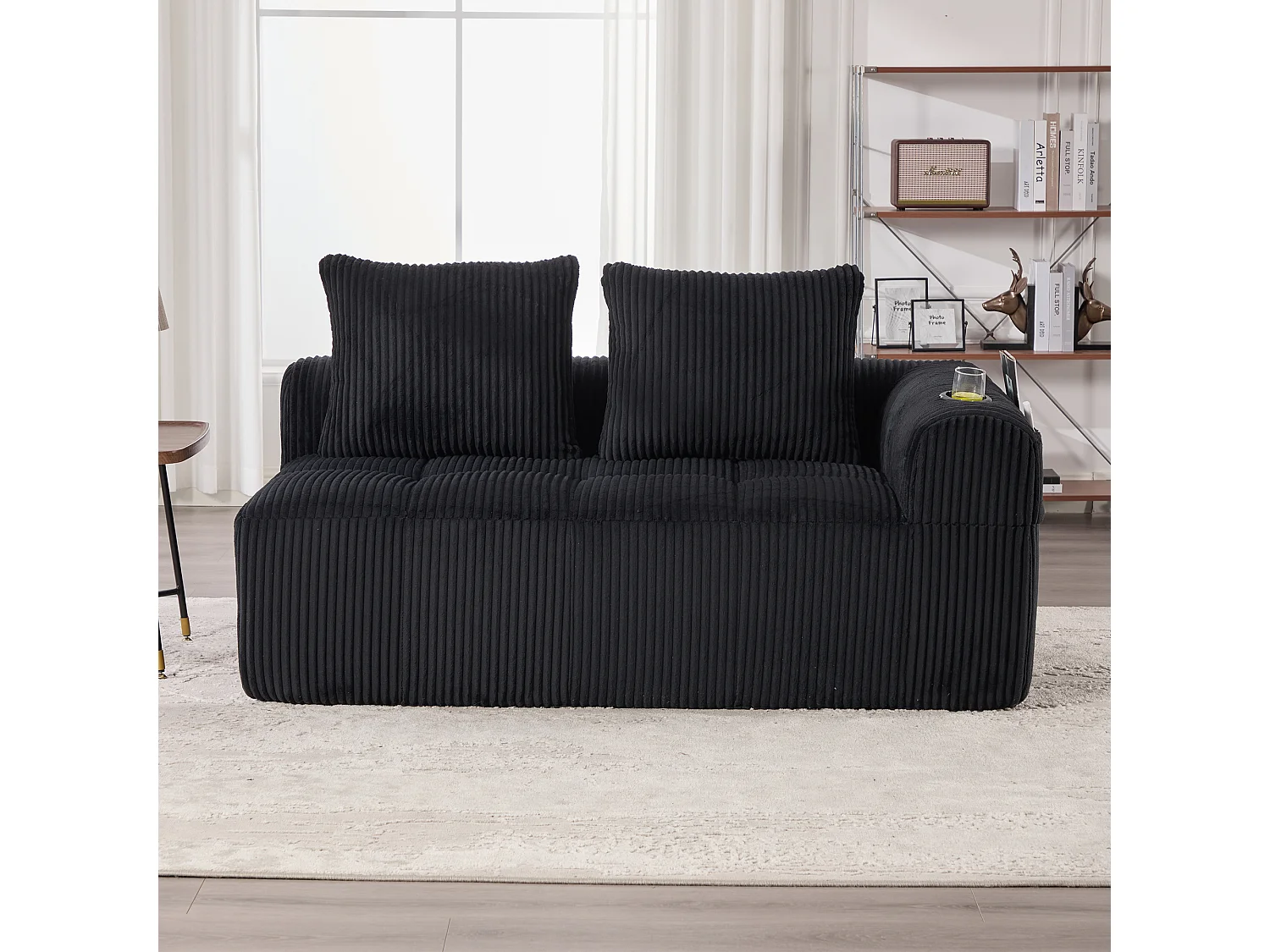 Canapé 2 place avec coussin et poche latérale - Velours côtelé - Noir