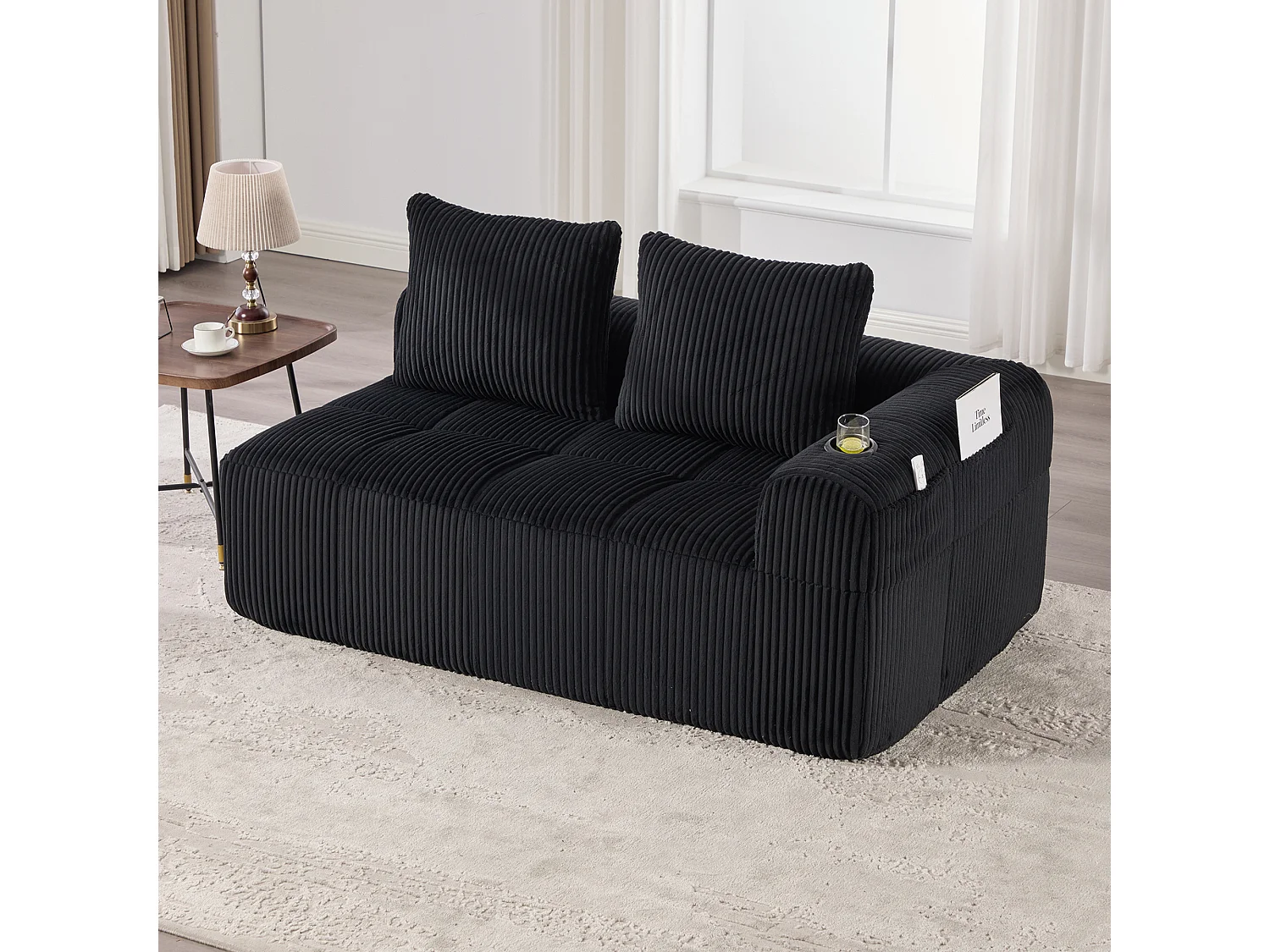 Canapé 2 place avec coussin et poche latérale - Velours côtelé - Noir