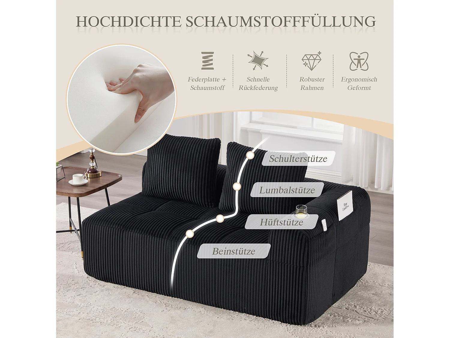 Canapé 2 place avec coussin et poche latérale - Velours côtelé - Noir