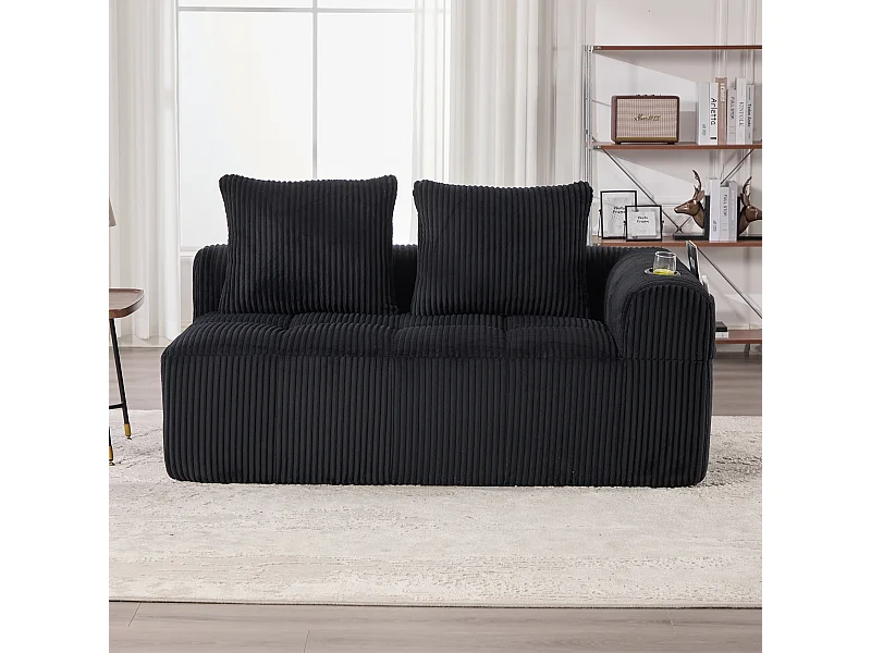 Canapé 2 place avec coussin et poche latérale - Velours côtelé - Noir