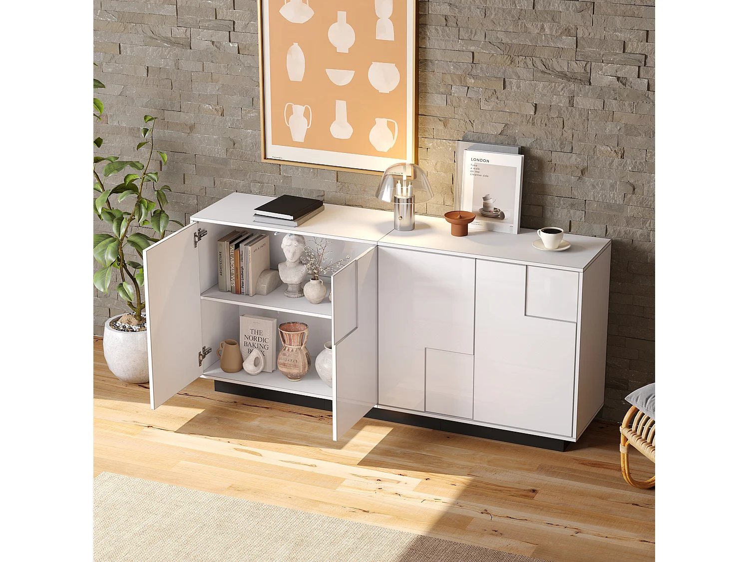 Credenza laccata lucida con 4 ante - Legno PB - Bianco e nero
