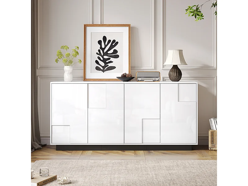 Credenza laccata lucida con 4 ante - Legno PB - Bianco e nero