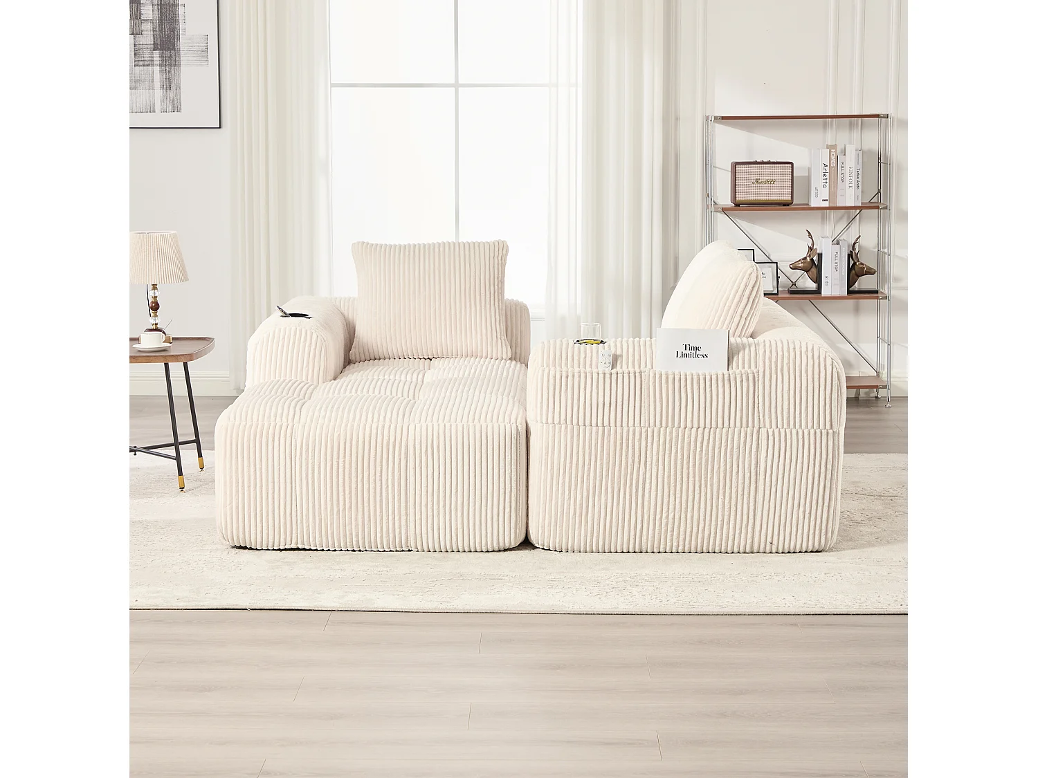 Divano in velluto a coste a 4 posti - 3 cuscini e tasca laterale - Beige