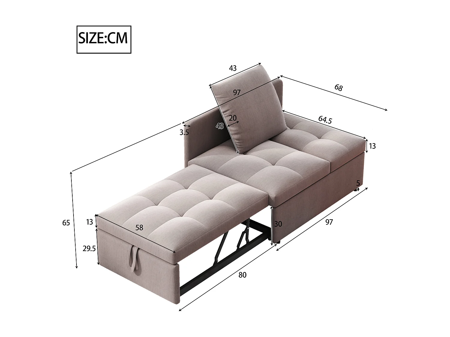Poltrona convertível em sofá-cama - Encosto ajustável - Tecido de linho cinzento