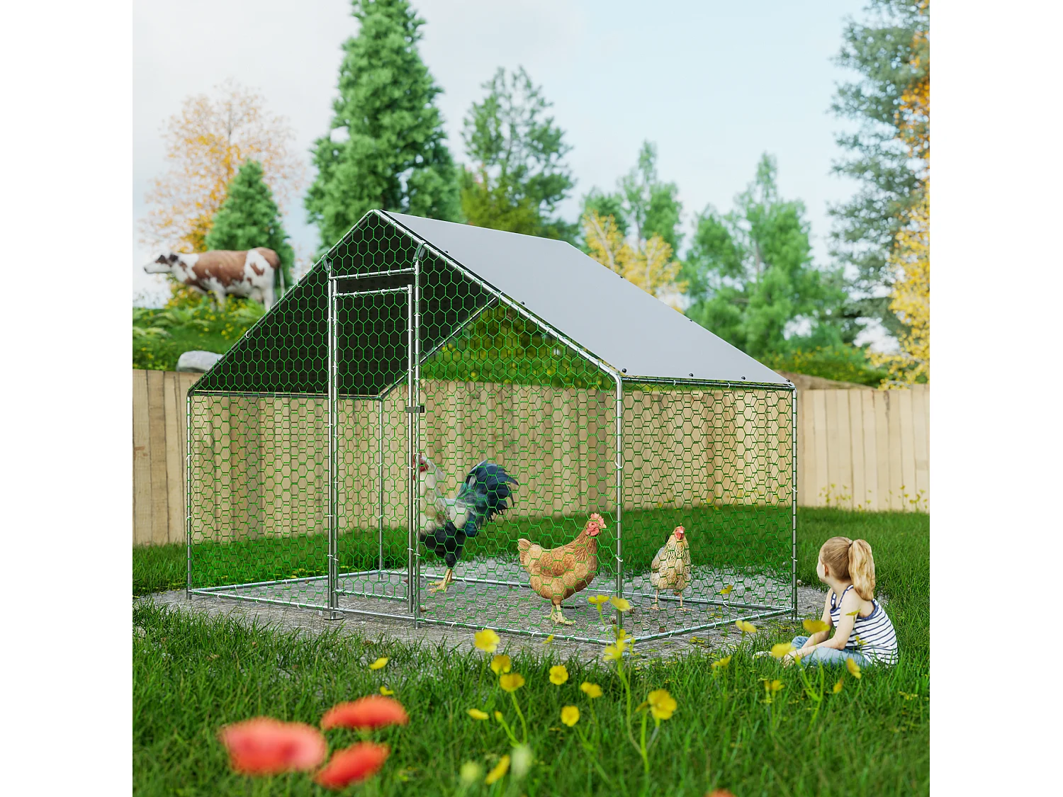 Metalen kippenhok met veiligheidsslot en waterdichte PE-hoes 3,03 x 1,57 x 2 m