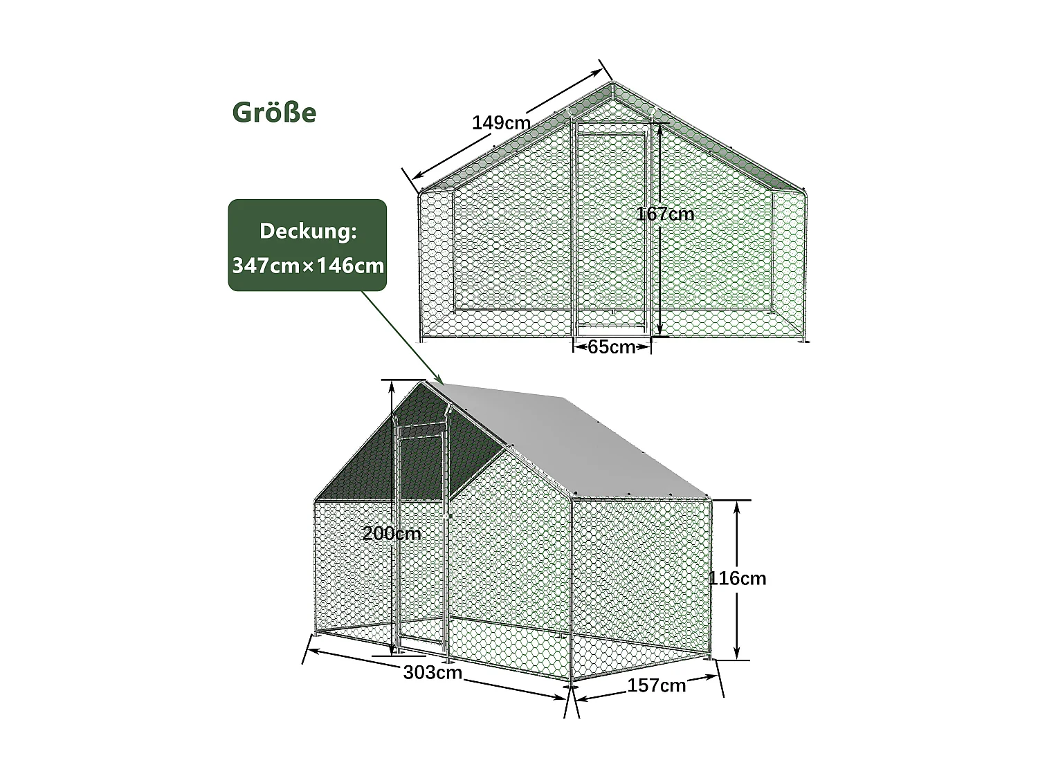 Metalen kippenhok met veiligheidsslot en waterdichte PE-hoes 3,03 x 1,57 x 2 m