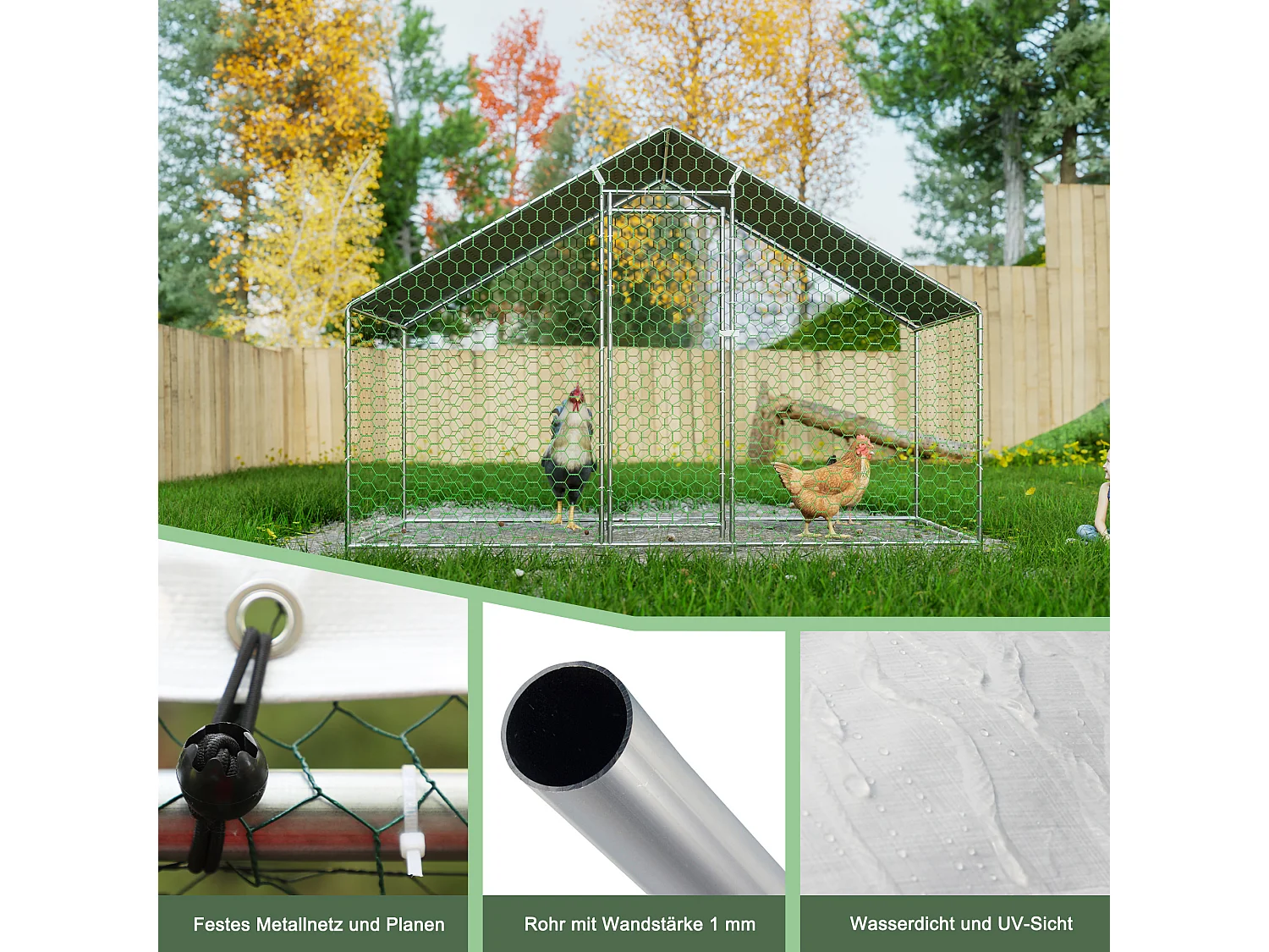 Metalen kippenhok met veiligheidsslot en waterdichte PE-hoes 3,03 x 1,57 x 2 m