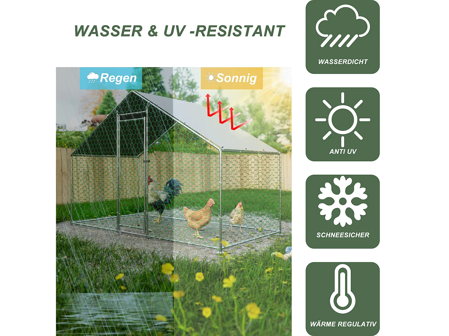 Metalen kippenhok met veiligheidsslot en waterdichte PE-hoes 3,03 x 1,57 x 2 m