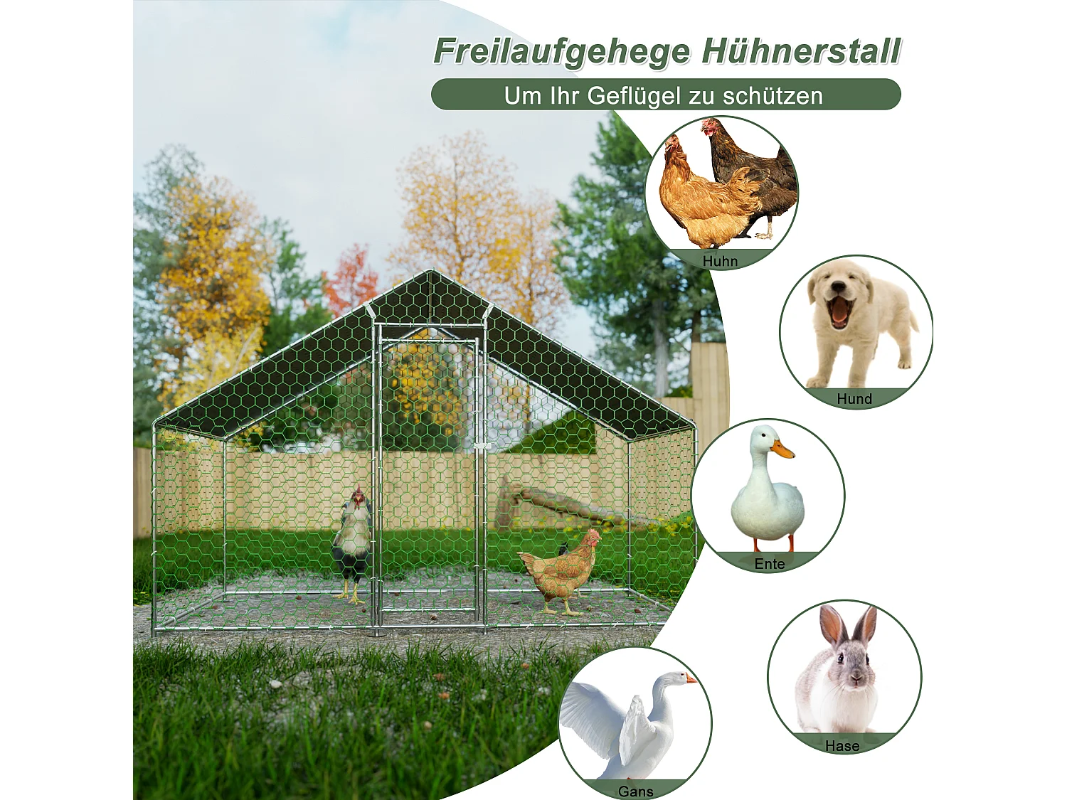 Metalen kippenhok met veiligheidsslot en waterdichte PE-hoes 3,03 x 1,57 x 2 m