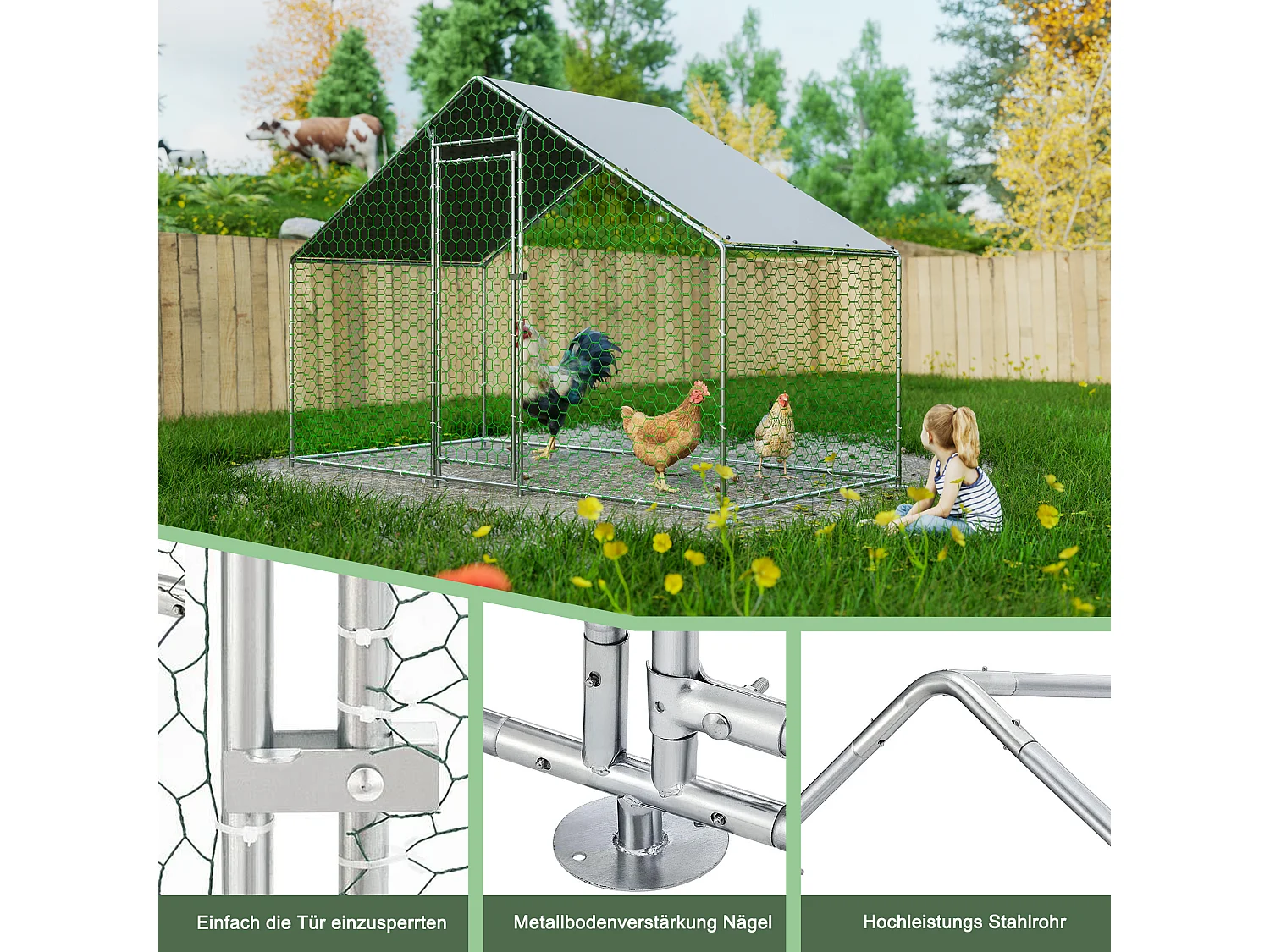 Metalen kippenhok met veiligheidsslot en waterdichte PE-hoes 3,03 x 1,57 x 2 m