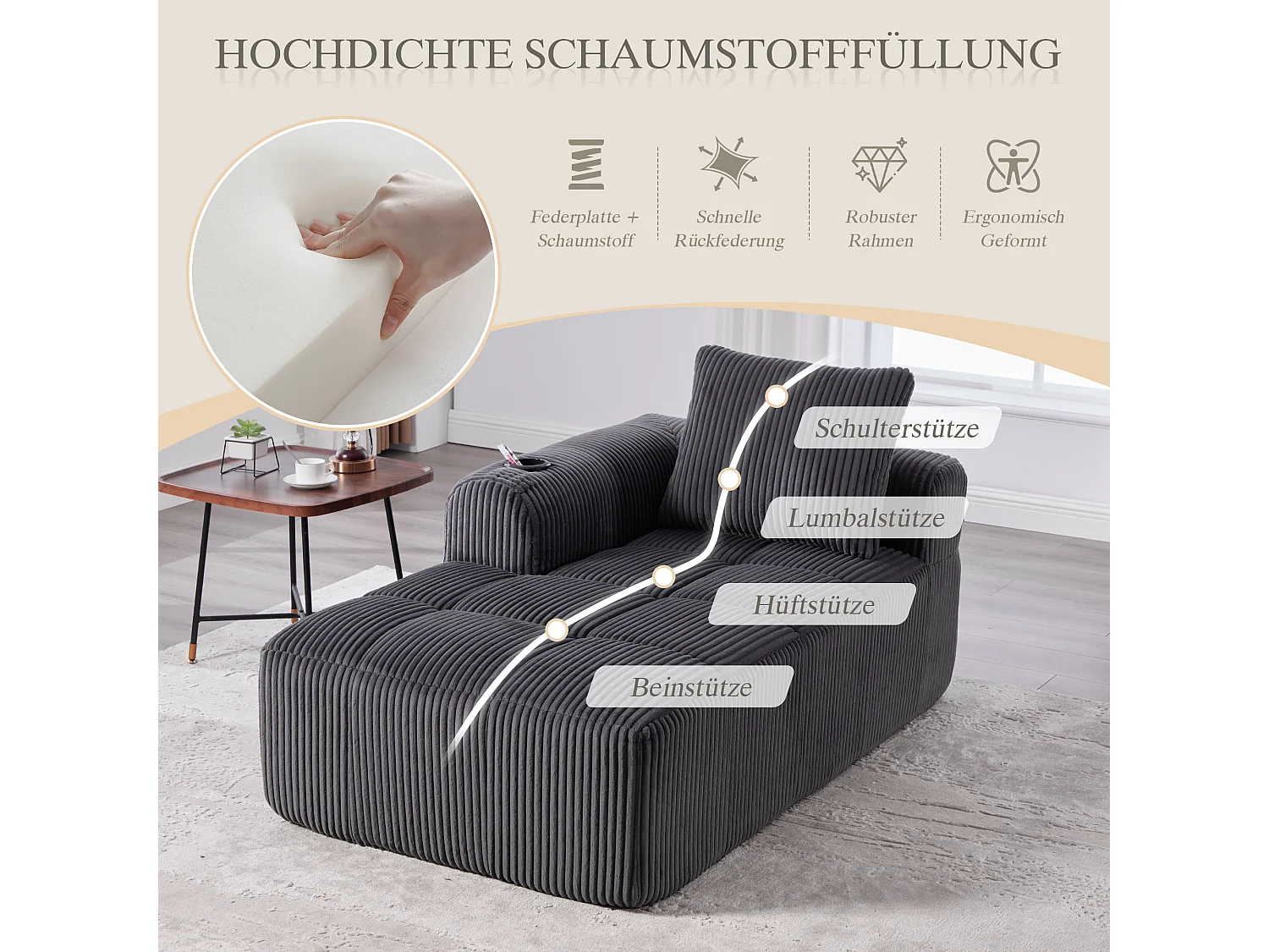 Relaxbank van corduroy met zijvak - Geen montage nodig - Donkergrijs