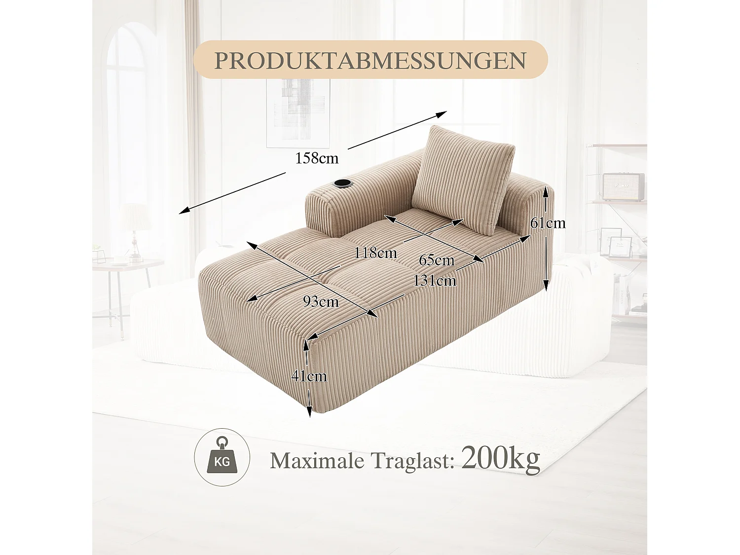 Relaxbank van corduroy met zijvak - Geen montage nodig - Khaki kleur