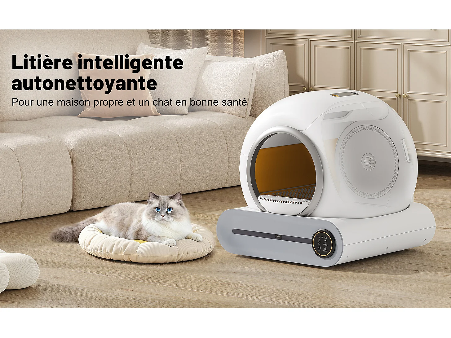 Caja de arena autolimpiable adaptable de 65 l - Elimina olores - Controlada por app - Blanca