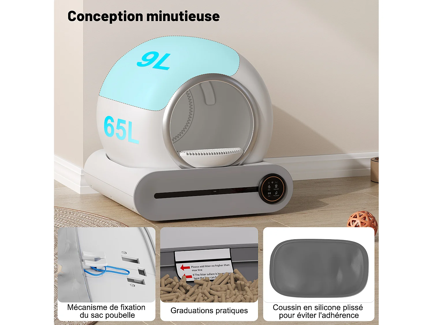 Caja de arena autolimpiable adaptable de 65 l - Elimina olores - Controlada por app - Blanca