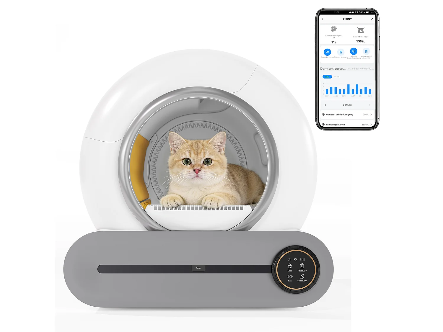 Caja de arena autolimpiable adaptable de 65 l - Elimina olores - Controlada por app - Blanca