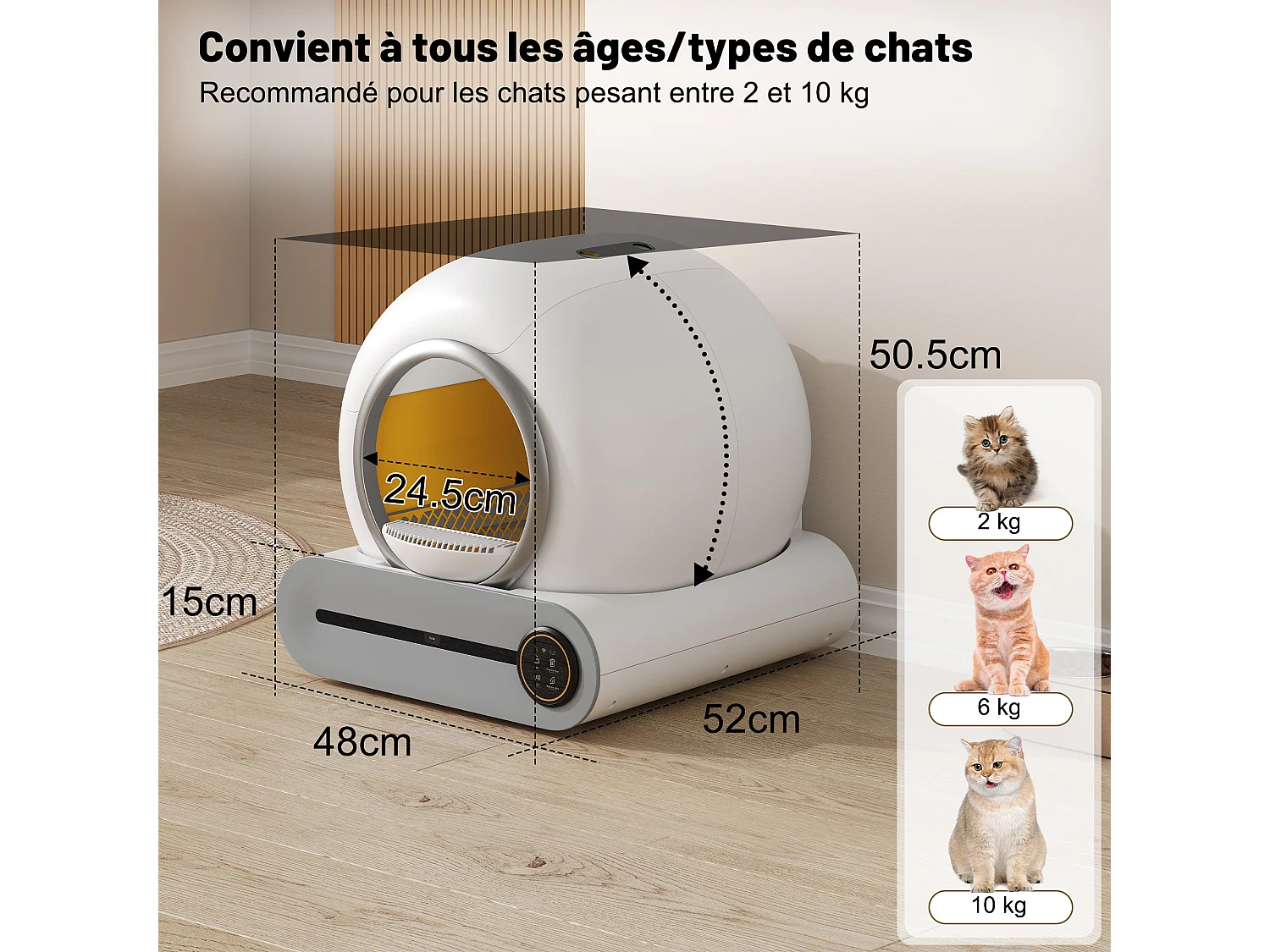 Caja de arena autolimpiable adaptable de 65 l - Elimina olores - Controlada por app - Blanca