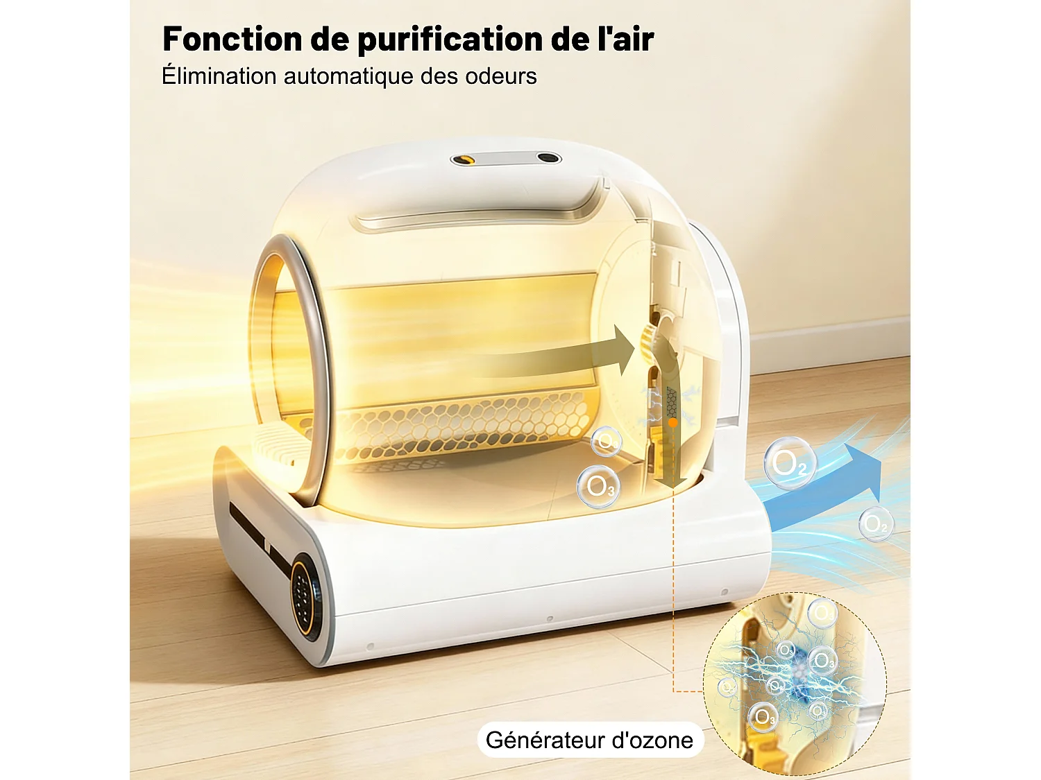 Caja de arena autolimpiable adaptable de 65 l - Elimina olores - Controlada por app - Blanca