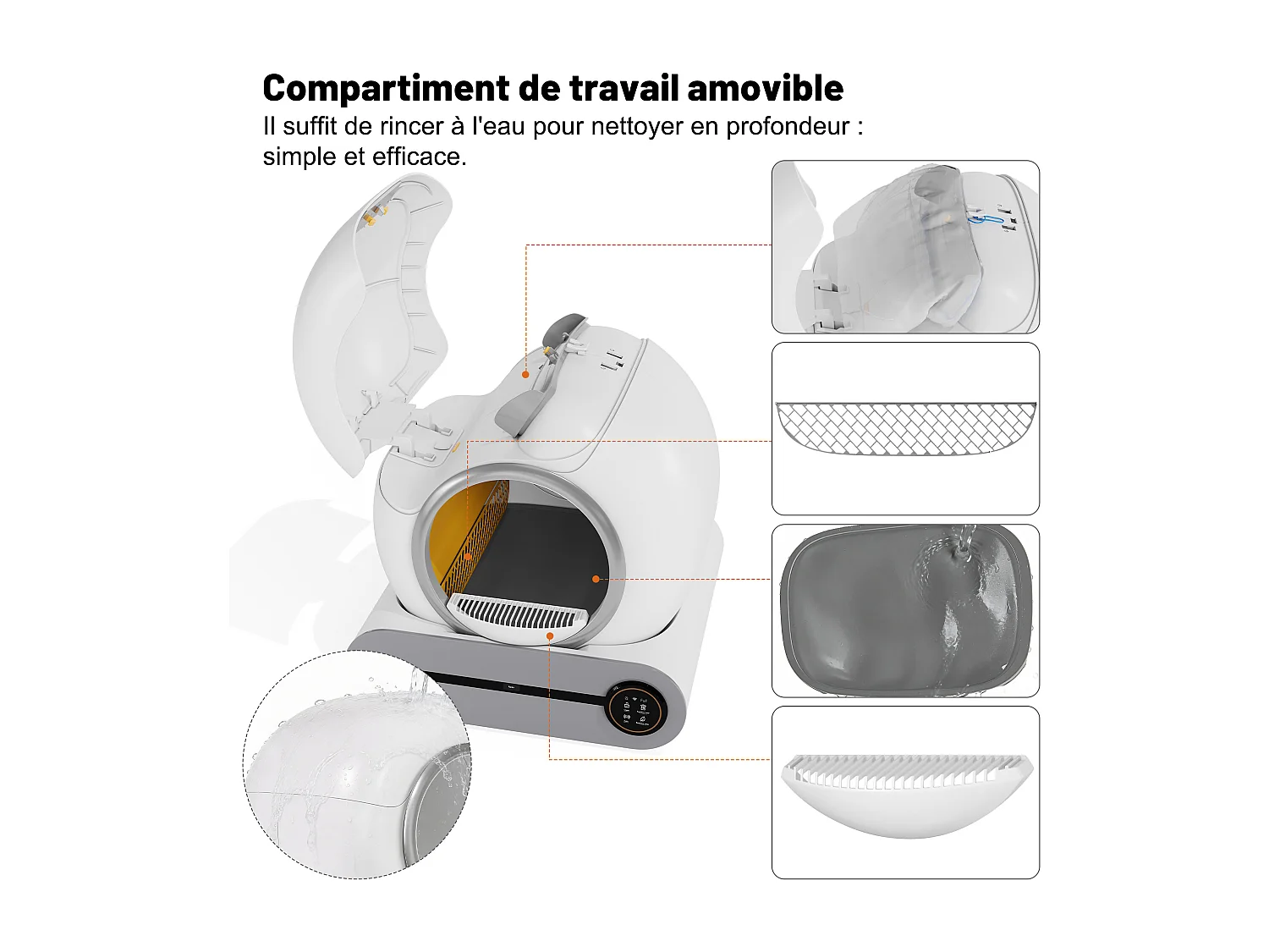 Caja de arena autolimpiable adaptable de 65 l - Elimina olores - Controlada por app - Blanca
