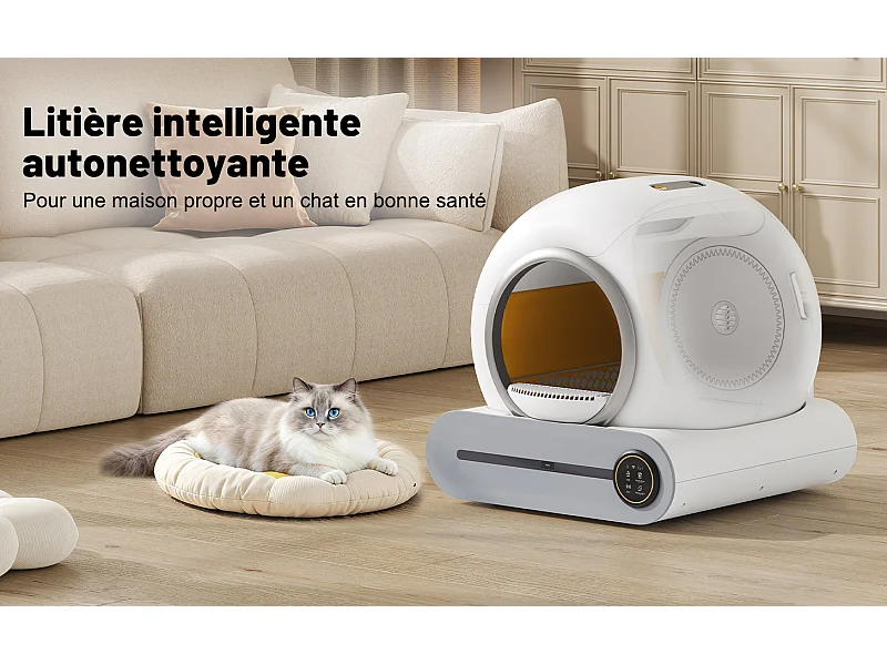 Caja de arena autolimpiable adaptable de 65 l - Elimina olores - Controlada por app - Blanca