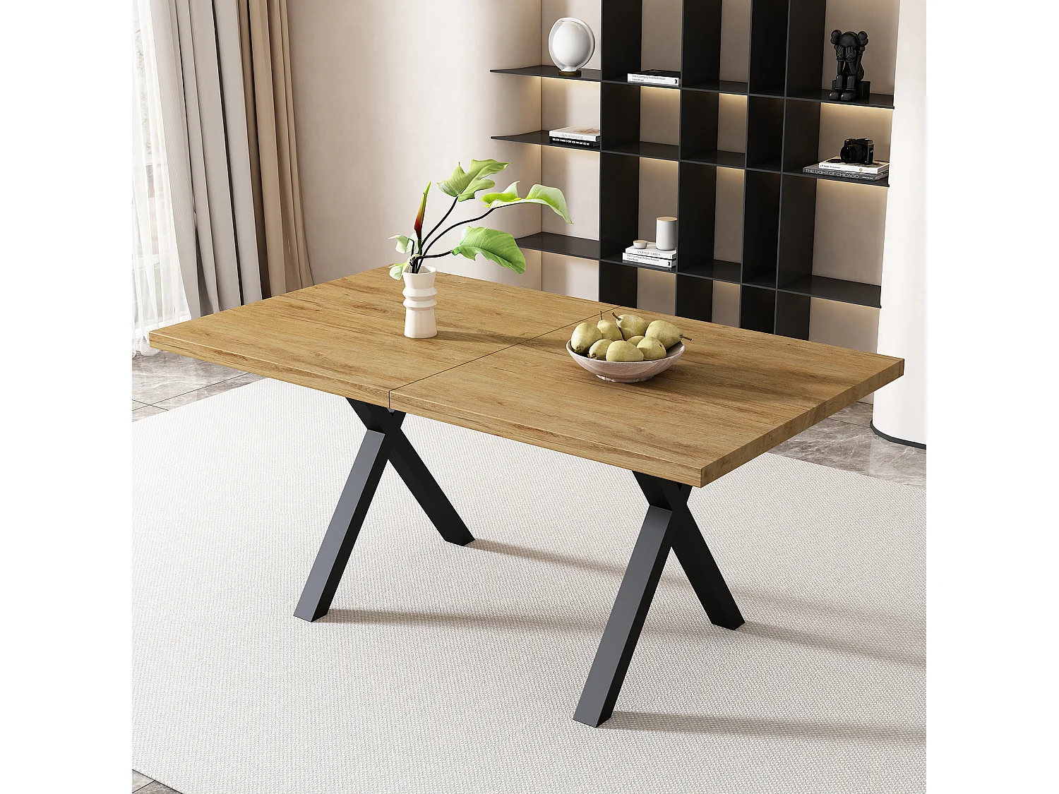 Eettafel 140x80cm met metalen poten - Blad met houtnerfstructuur - Licht naturel en zwart