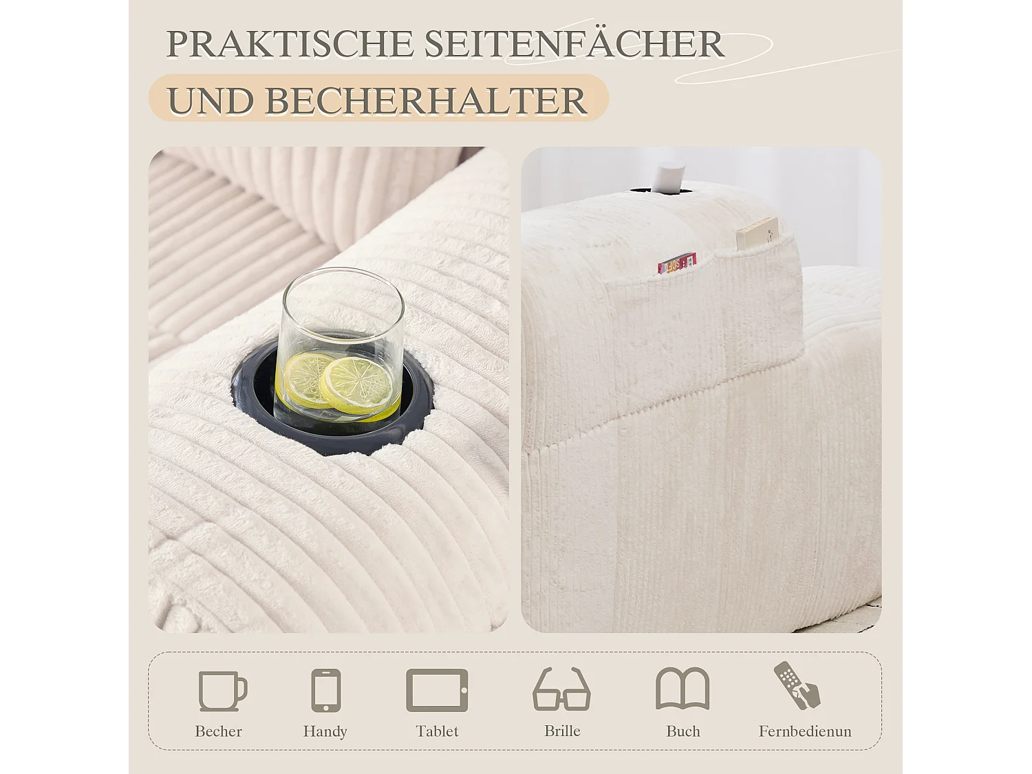 Relaxbank van corduroy met zijvak - Geen montage nodig - Beige